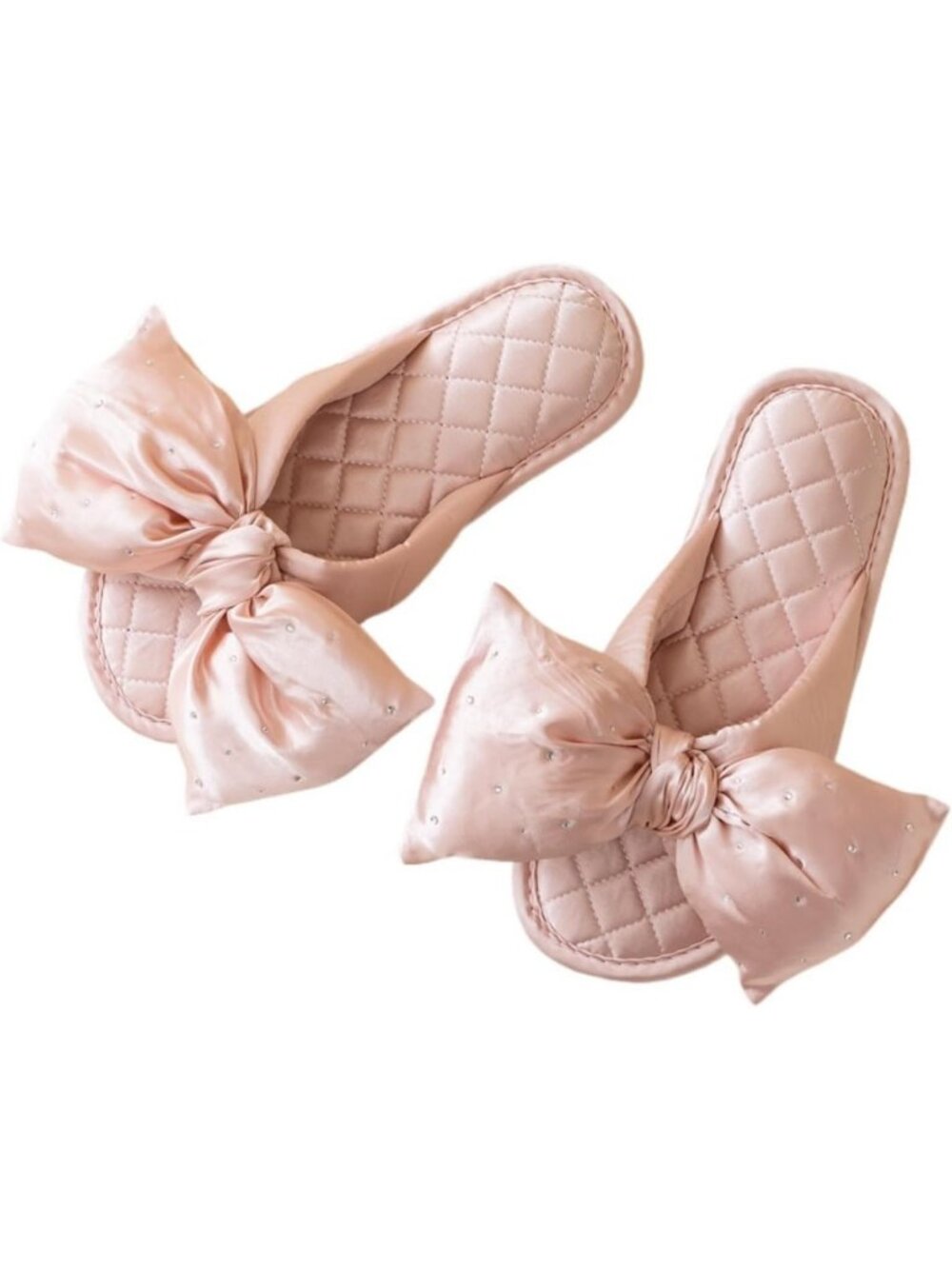 Bridal Light Pink Slipper Bow Elegant Rhinestone Flat Comfortable Wedding Slides